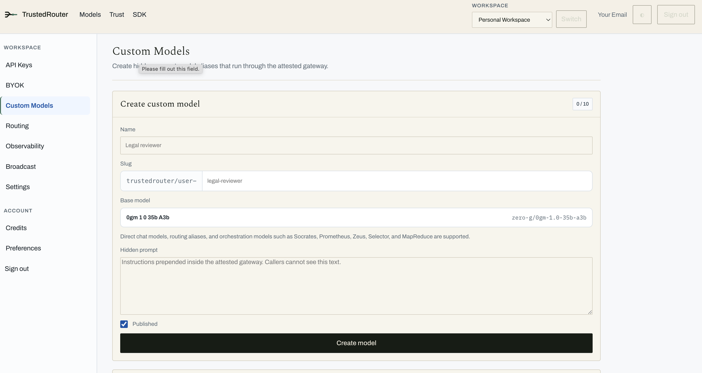 TrustedRouter Custom Models page with fields for an attested model alias, base model, and hidden prompt